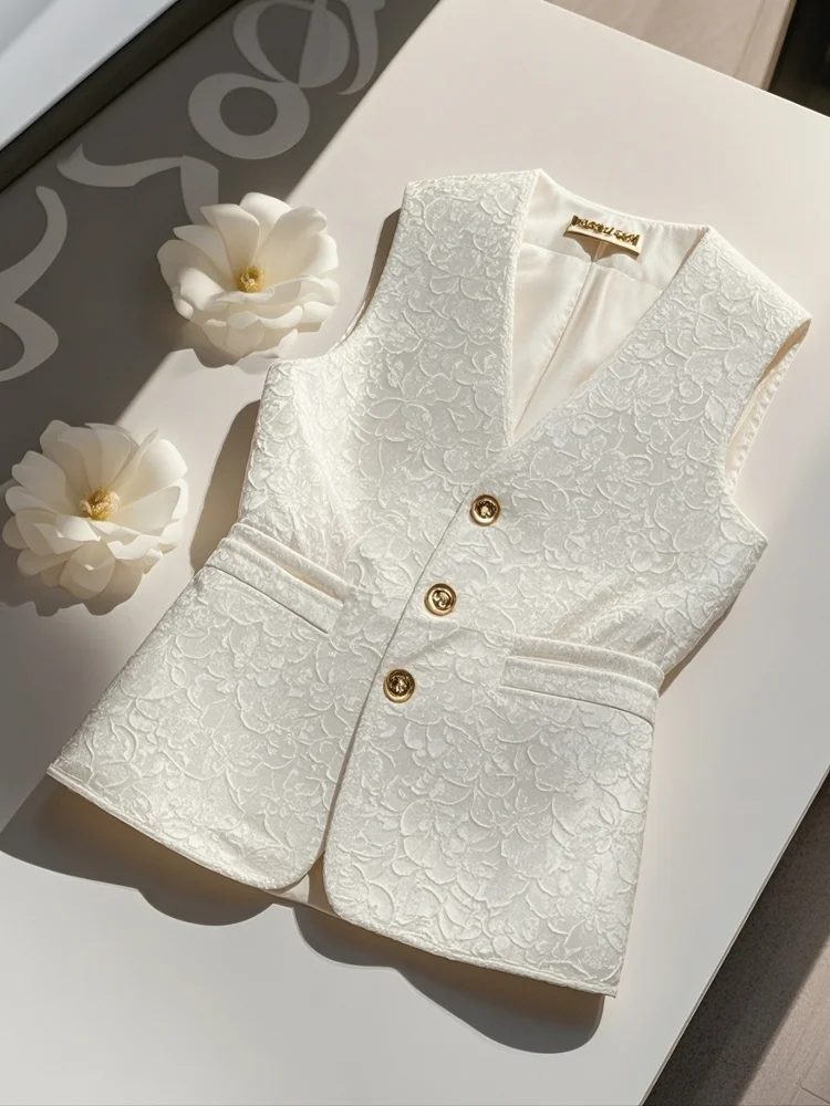 2025 Embossed Jacquard Pattern White Blazers Vest for Women Elegant Party Dresses Formal Clothes Office Lady Wedding V-neck Tops