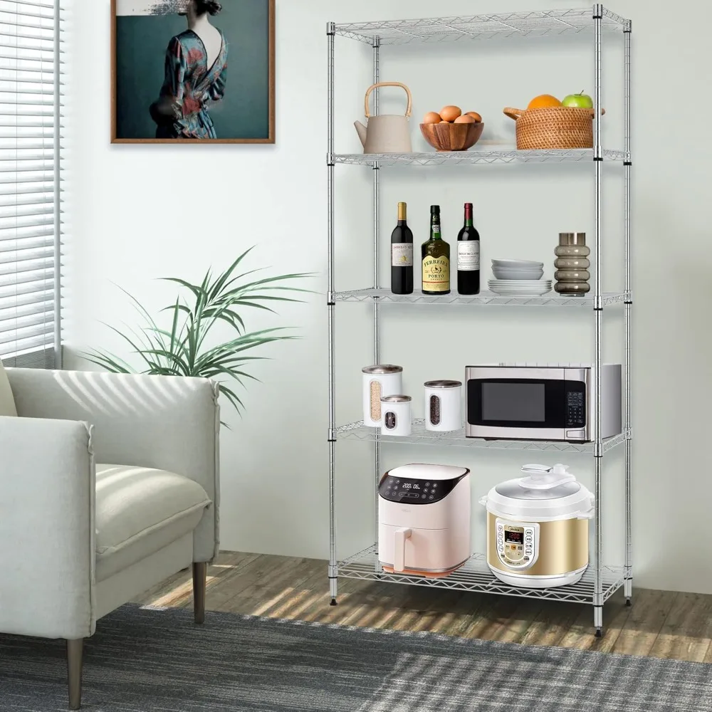 

5-уровневые регулируемые проволочные полки для хранения с колесами, прочная металлическая стойка вмещает 220 фунтов, сборка без инструментов для дома и гаража