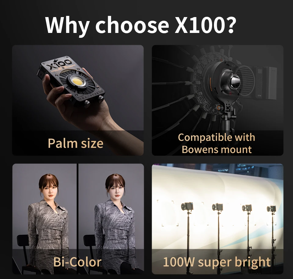 Zhiyun MOLUS X100 Pocket Cob Light LED Light 100W for Studio Photography Lamp 2700-6500K with APP Control for Youtube Tiktok