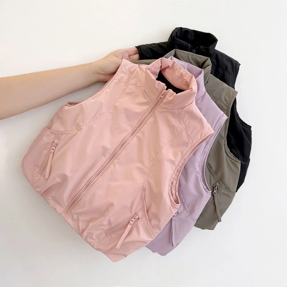 Kids Stand Collar Cotton Vest, Boys Girls Warm Sleeveless Jacket, Multi-Pocket Outdoor Winter Autumn Children Waistcoat
