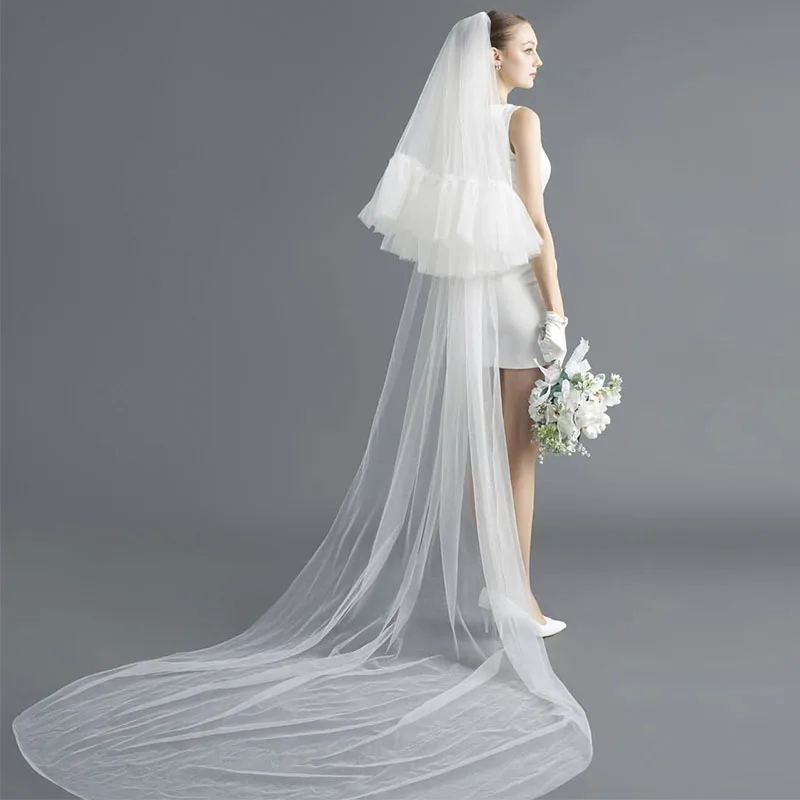 2 Tiers Ruffles Tulle Wedding Veil Covered Face Customized Cathedral Bridal Veils with Comb White Long Veil for Church Wedding