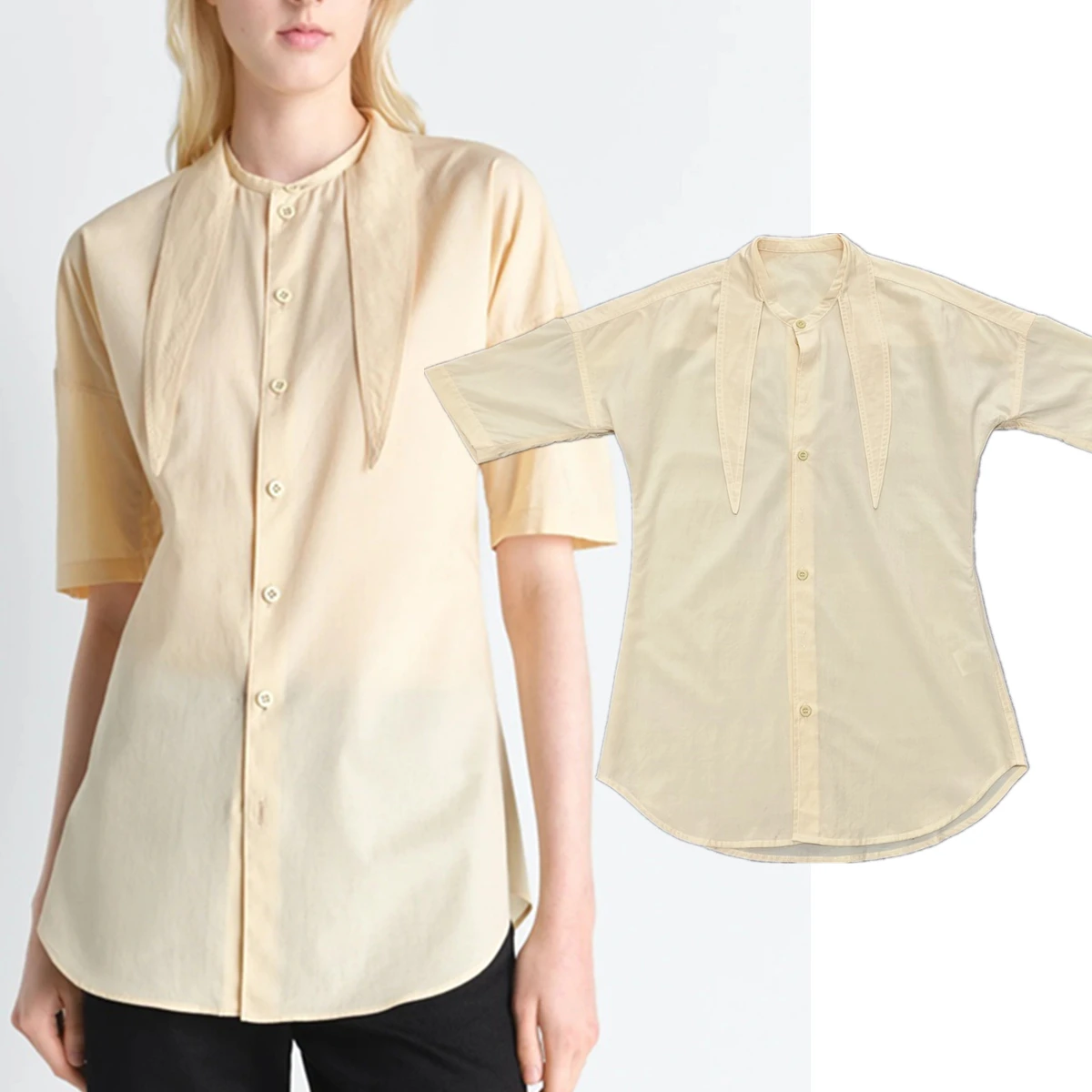 

Maxdutti Minimalist And Elegant Pure Cotton Scarf Collar Short Sleeved Shirt For Women's Blouses And Shirt Woman Clothing Top