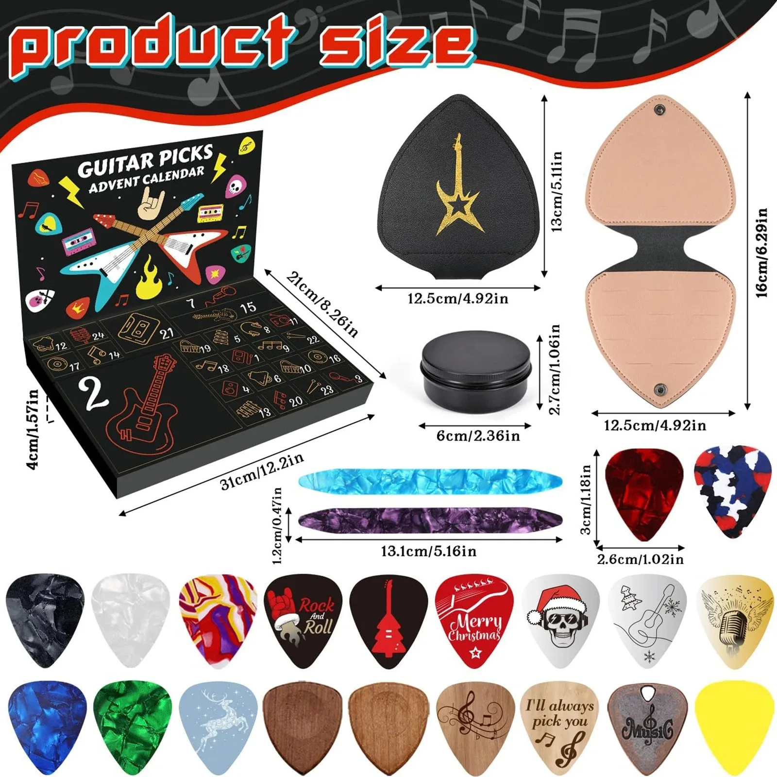 Plectrums Countdown Kalender met 20 Plectrums & 2 Oud Plectrums Houder Kerst Adventskalenders voor Gitaar Bas