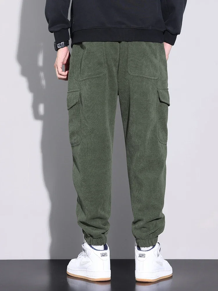 New Corduroy Tapered Sweatpants Men's Cargo Pants Fashion Pocket Embroidery Korean Bound Feet Male Trousers Brand