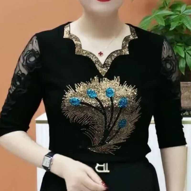 Elegant V-Neck Diamonds Spliced Sequined Blouses Women\'s Clothing 2023 Autumn Winter Office Lady Tops Lace Hollow Out Shirts