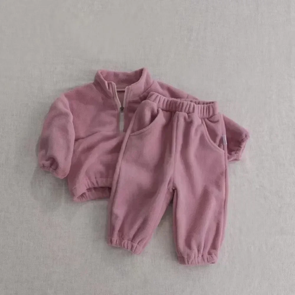 Warm Fleece Children Boys Girl Top Bottom Set Double-sided Fleece Autumn Children Clothing Set