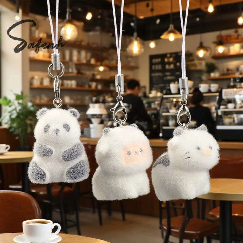 1Pcs 3D Flocking Animal Pendants Phone Keyrings Lanyard Hanging Charm Bag Pendant Couple Key Chains