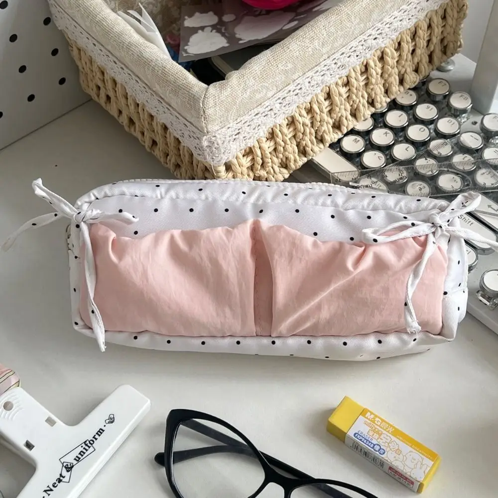 Simple Polka Dot Pattern Pen Bag Large Capacity Multifunctional Pencil Case Bowknot Deisgn Stationery Organizer Gift