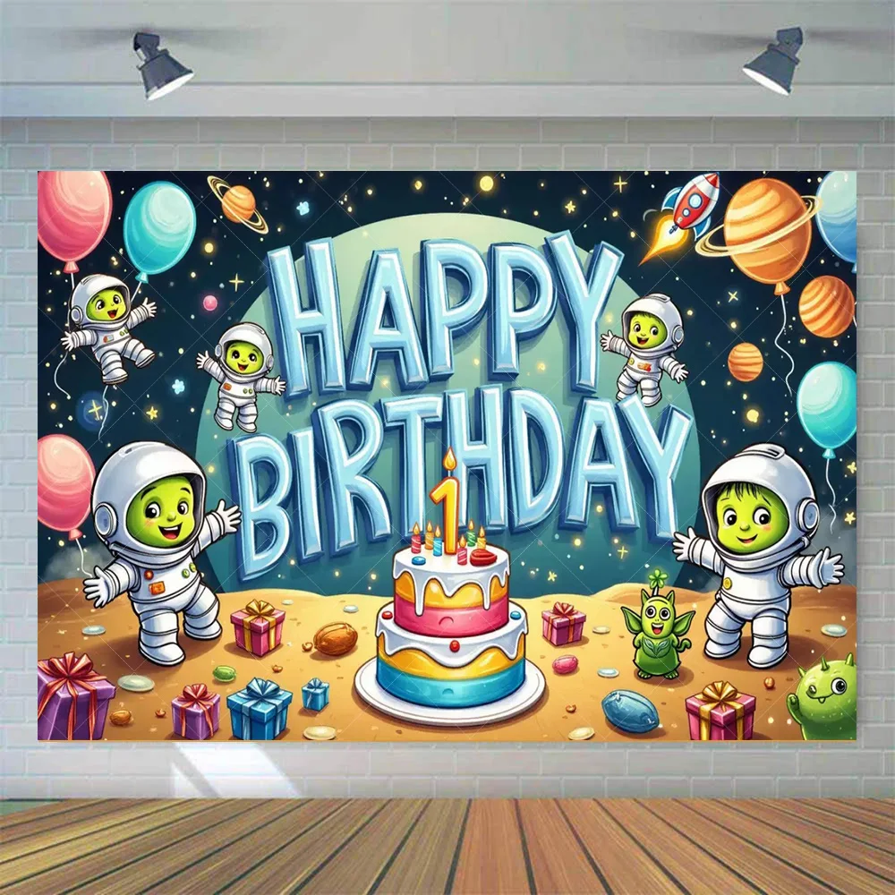 

Cartoon Alien Astronaut Outer Space Planet Background Cloth Decoration Children's Birthday Party Baby Bath Photography Props