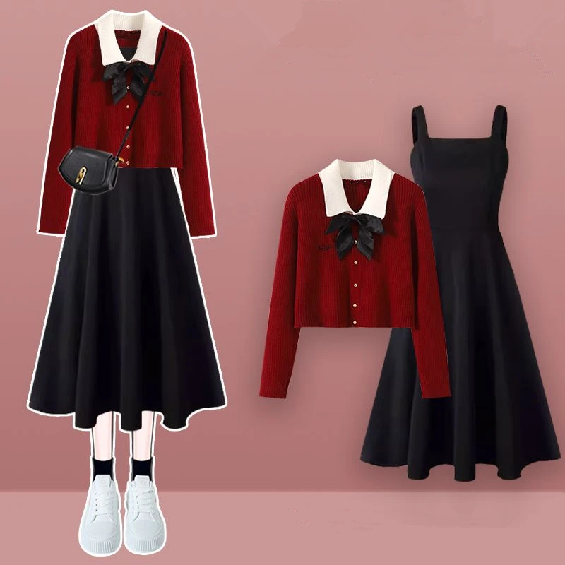 Preppy Style Lucky Red Knit Short Bowknot Jackets Black Trumpet Vest Dress 1 lub 2-częściowy zestaw Wiosna Jesień Sweter Sukienki Garnitury