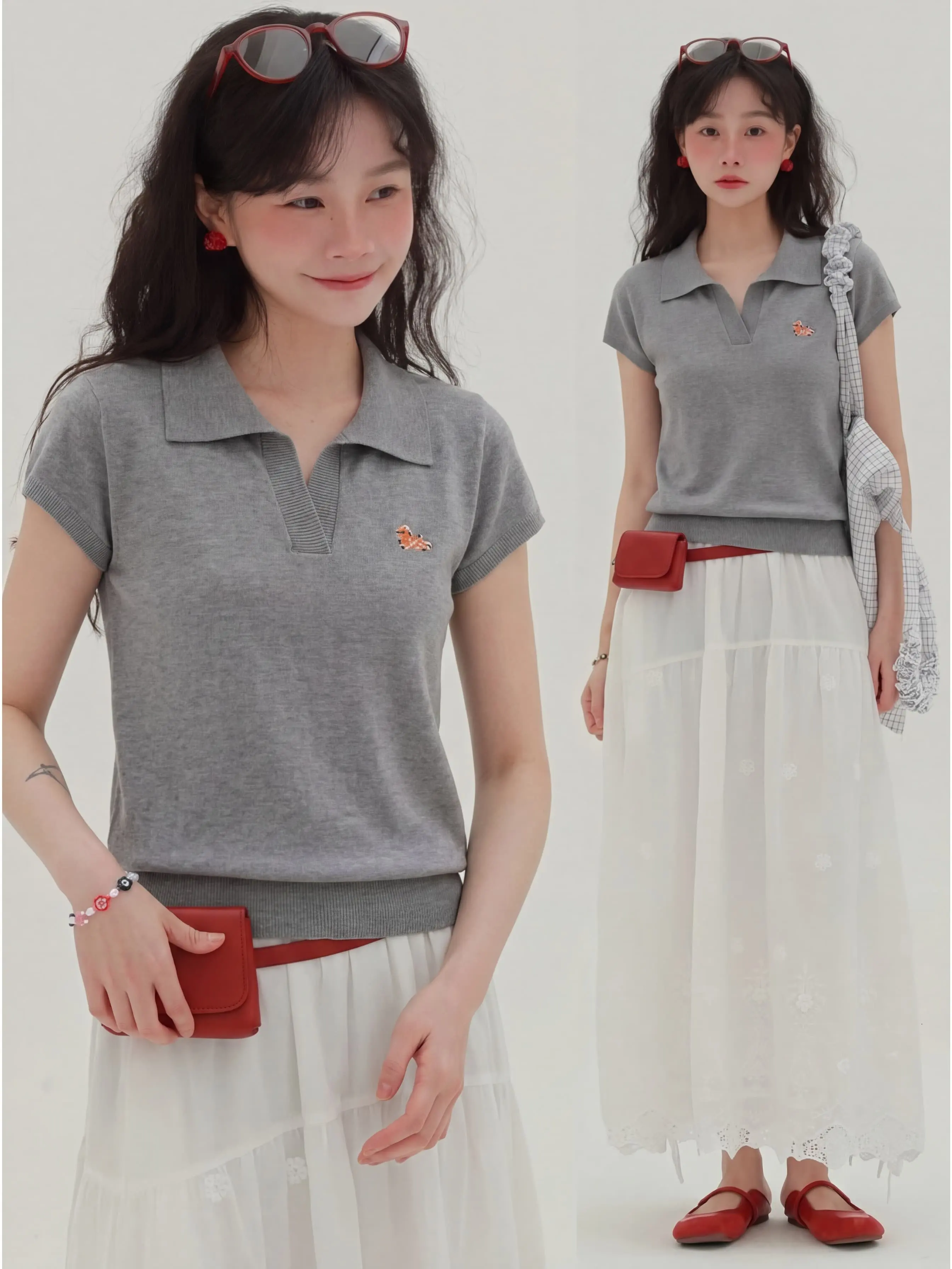 Ice Silk Knitted Short Sleeve  Shirt Women's Summer Casual Shoulder  Top Flip Collar High Intelligence Sensation
