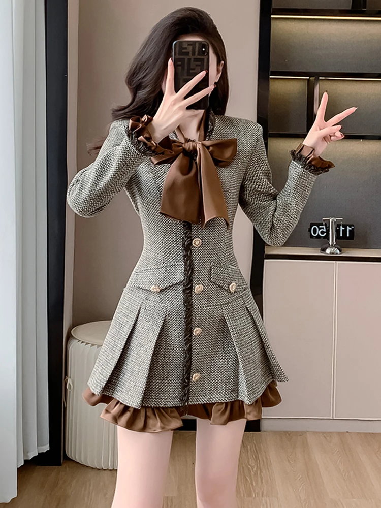 High Quality Fashion Small Fragrant Tweed Bow Short Dress For Women France Fall Winter Ruffles Trim Long Sleeve Buttons Dress