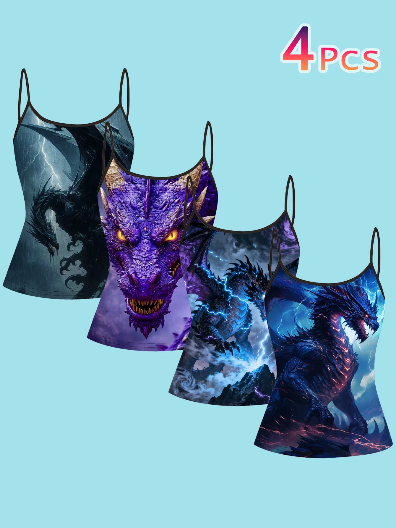 4-Piece Set of Magic Lightning Dragon Print Camisoles, Black Base with Thunder Cloud and Dragon Pattern, Women's Slim-Fit Spaghetti Strap Sleeveless Tops for Outerwear or Layering