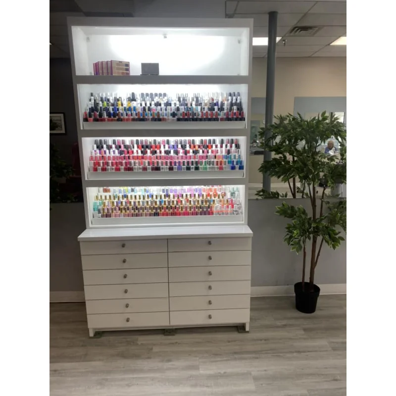 مخصص. عرض طلاء الأظافر حامل خشبي خزانة عرض مستحضرات التجميل