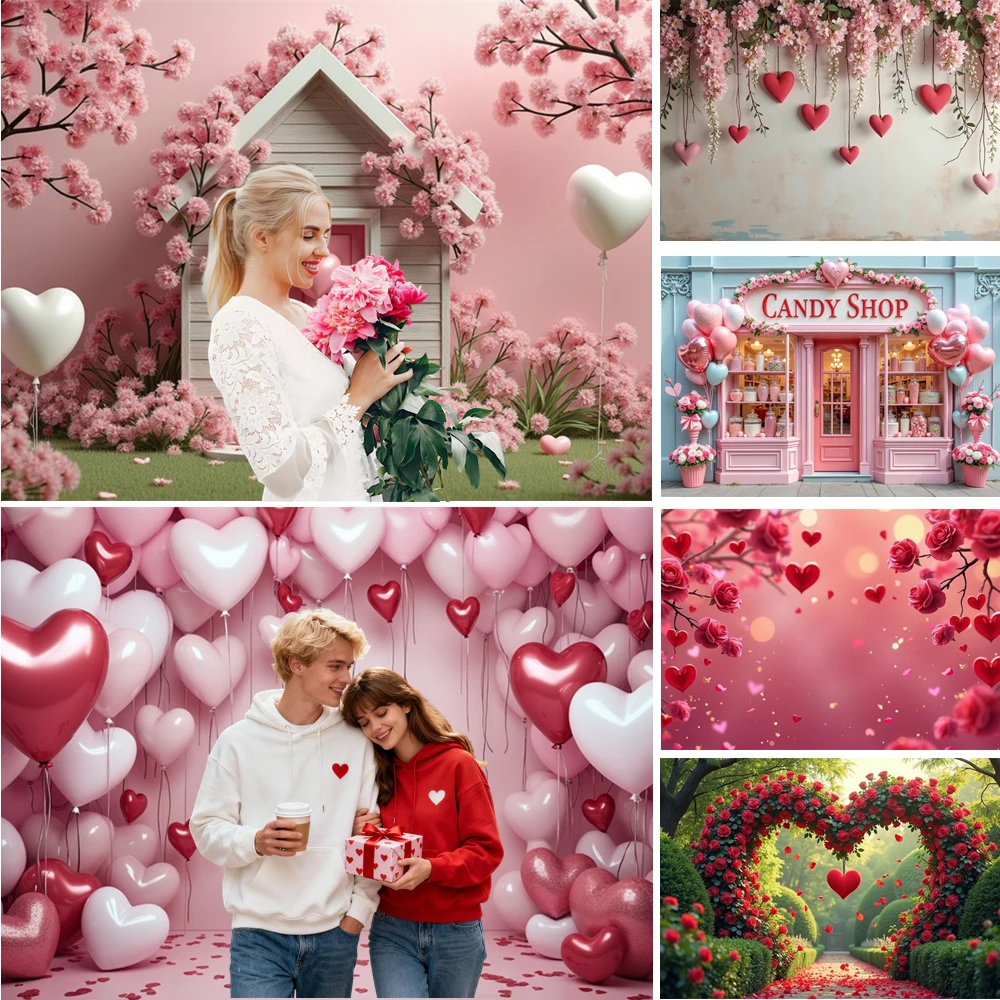 

MOON.QG Romantic Valentine's Day Backgrounds Photographs Backdrop Portrait Arch Door Rose Flower Red Pink Curtains Studio Lover