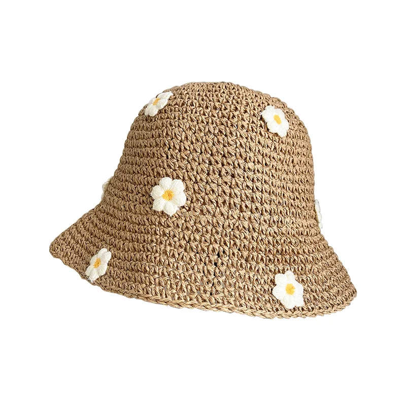 Summer Beach Sun Hat Women Women Straw Crochet Bucket Hat Women\'s Foldable Panama Cap Sun Cap Boho Flower Fishing Hat