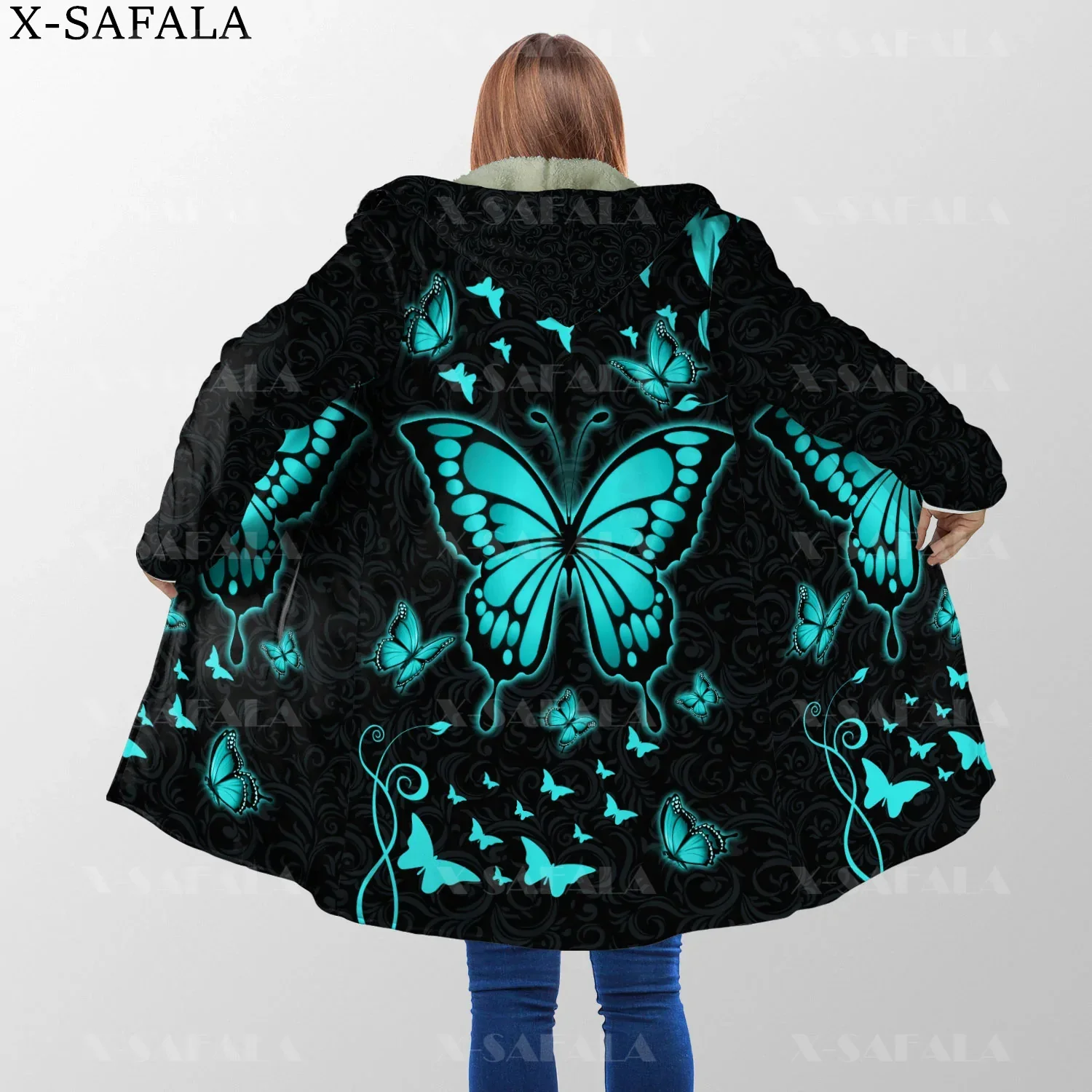 

Thick Warm Hooded Cloak for Men Women Beautiful Butterfly Overcoat Coat 3D Print Windproof Fleece Cape Robe Hooded Blanket-6