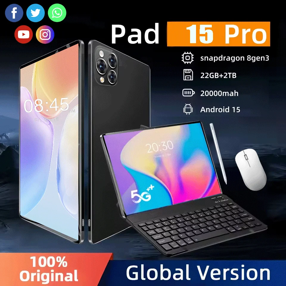 

2025 Original Global Version Pad 15 Pro Android Tablet 16GB+1TB Snapdragon 870 Tablets PC 5G Dual SIM Card WIFI HD Screen Tab PC