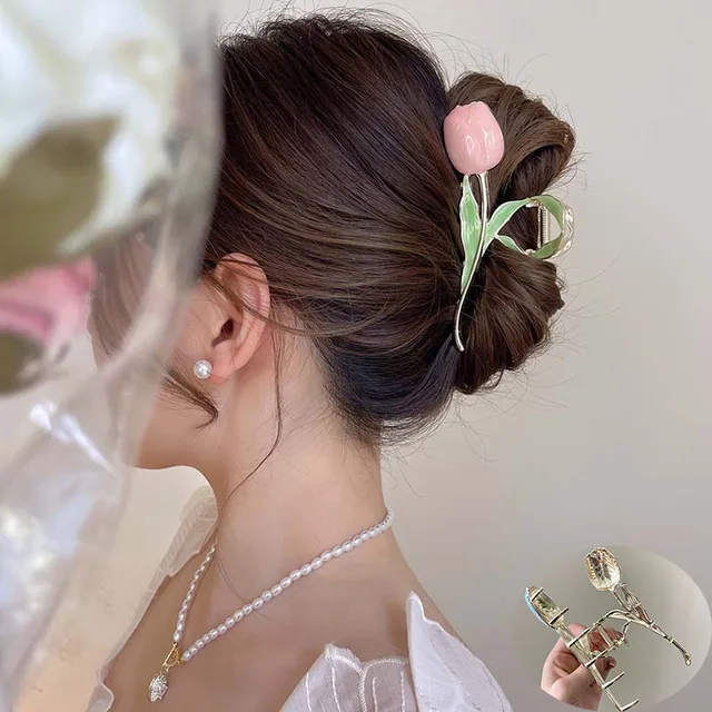 Nowy tulipanowy pazur do włosów Kwiat łaski Shark Clip Nakrycie głowy Vintage Ponytail Claw Clip Modna słodka spinka do włosów dla dziewczynki Biżuteria do włosów