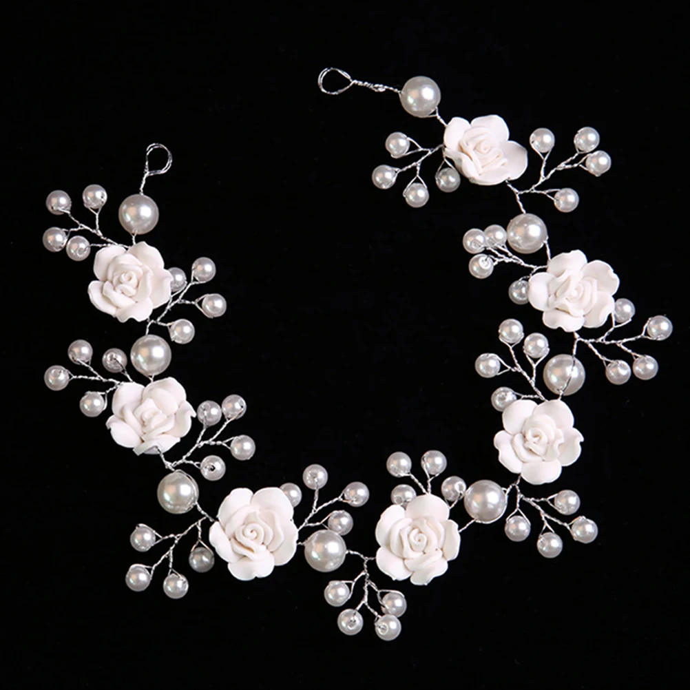 

Pearl Headband Wedding Hair Accessories Bridal Embellished Decorations for Women Flower Polymer Clay Rose Headwear Bride