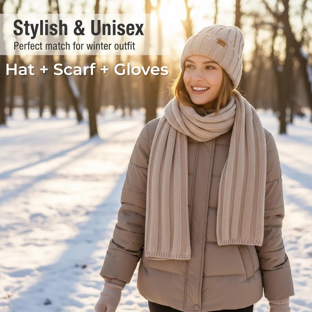 

3Pcs Warm Knitted Hat Scarf Gloves Set for Women Men Winter Fleece Lined Beanie Cap Neck Warmer Touchscreen Gloves