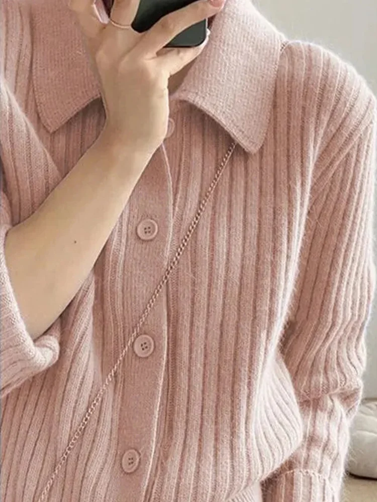 

Винтажный однотонный вязаный свитер, женская модная внутренняя одежда, открытый кардиган с воротником, универсальная осенне-зимняя верхняя одежда