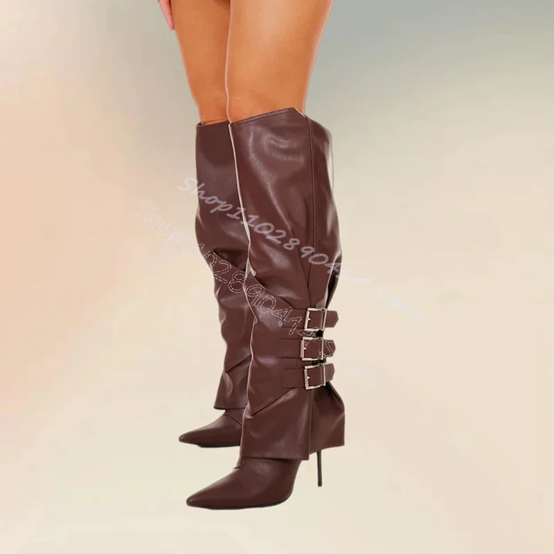 Burgandy Buckle Decor Turned Over Pointed Toe Boots Side Zipper Women Shoes Thin High Heels Sexy Party 2026 Zapatos Para Mujere