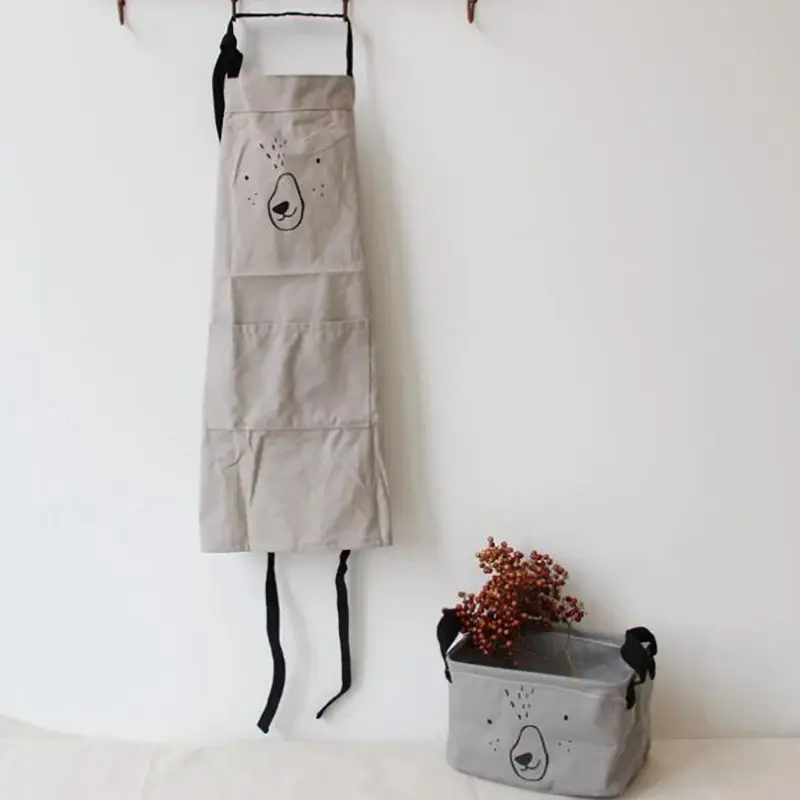 Cartoon Cotton Linen Bib Apron Solid Color Kitchen Cooking Apron with Pocket Clothes Gift for Adult Children Gardening Works