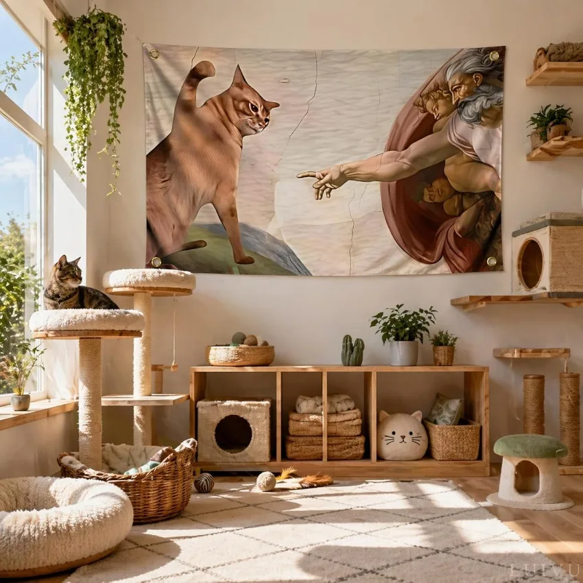 Michelangelo Cat Meme Flag - Polyester Single Sided Tapestry Banner with Brass Grommets Dorm Wall Decor Indoor Outdoor