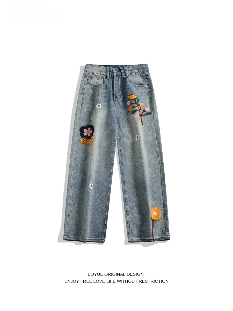 

Boyue Japanese Design Floral Floing Denim Jeans ex Casual Versatile Couple Sle Long Pants Loose Straight Cut Youth Trend