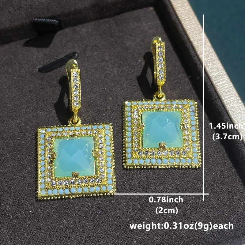 Gorgeous Princess Square Blue Green Zirconia Dangle Earrings for Women Gold Color Boutique Jewelry Party Wearing