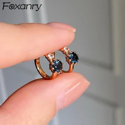 Foxanry Sparkling Blue Zircon Hoop Earrings For Women Girls Vintage Temperament Elegant Fashion Sweet Engagement Jewelry Gifts