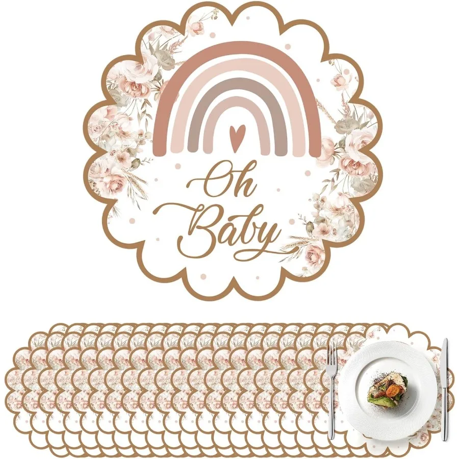 

100 Pcs Boho Rainbow Baby Shower Decorations 13.5" Scalloped Boho Rainbow Paper Placemats Disposable Boho Table Place Mats for