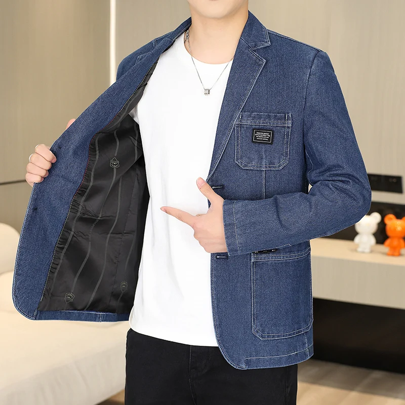 

Stylish Men Black Blue Denim Blazers Notched Collar Fitting Suit Jacket Menswear Autumn New Arrival Clothes Leisure Attire