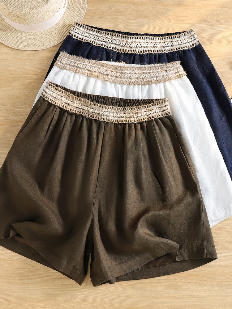 Loose Fit Linen Knitted Wide Leg Pants Casual Fashionable Shorts for plus Size Women Comfortable Breathable Summer Trousers
