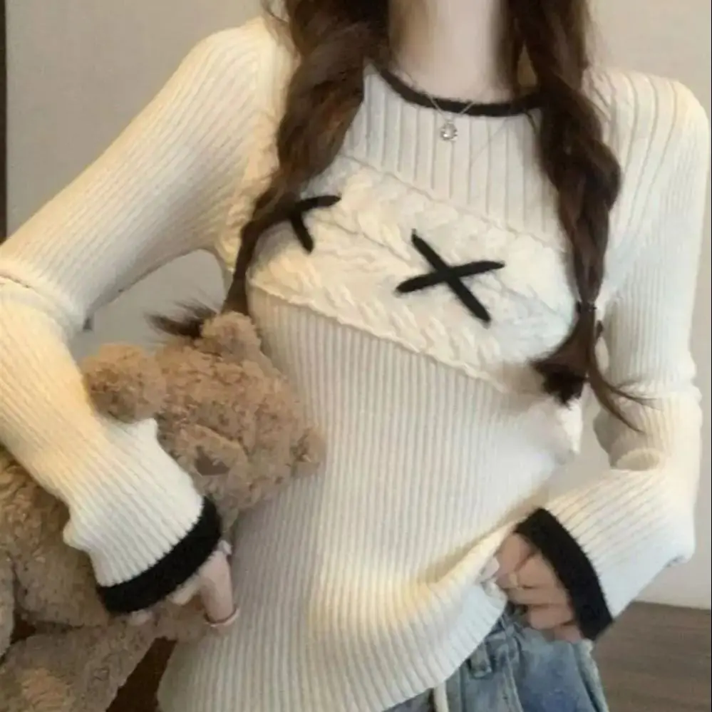 Knitted Sweater Base Layer Women 2024 New Autumn Design Western Style Unique Unique Versatile Design Niche Tops