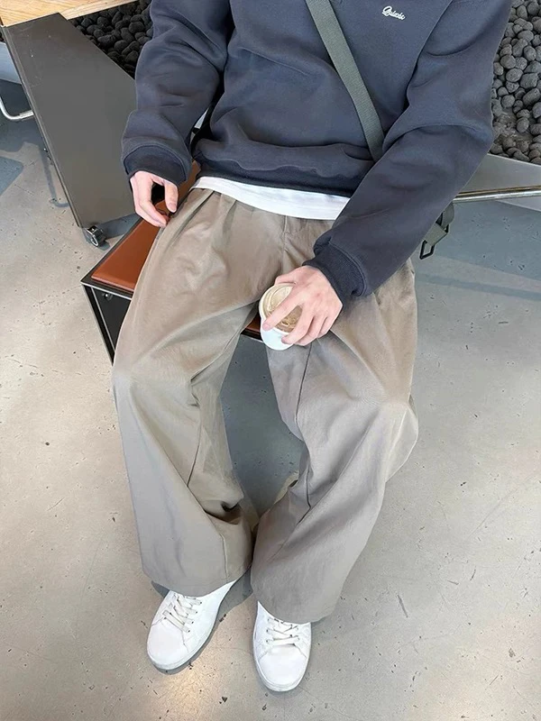 ย้อนยุคญี่ปุ่นสเลสีกากีชุดทำงานกางเกงลำลองผู้ชายฤดูร้อนใหม่ตรงหลวมขากว้างกางเกงยาวอเนกประสงค์หลวมพอดี