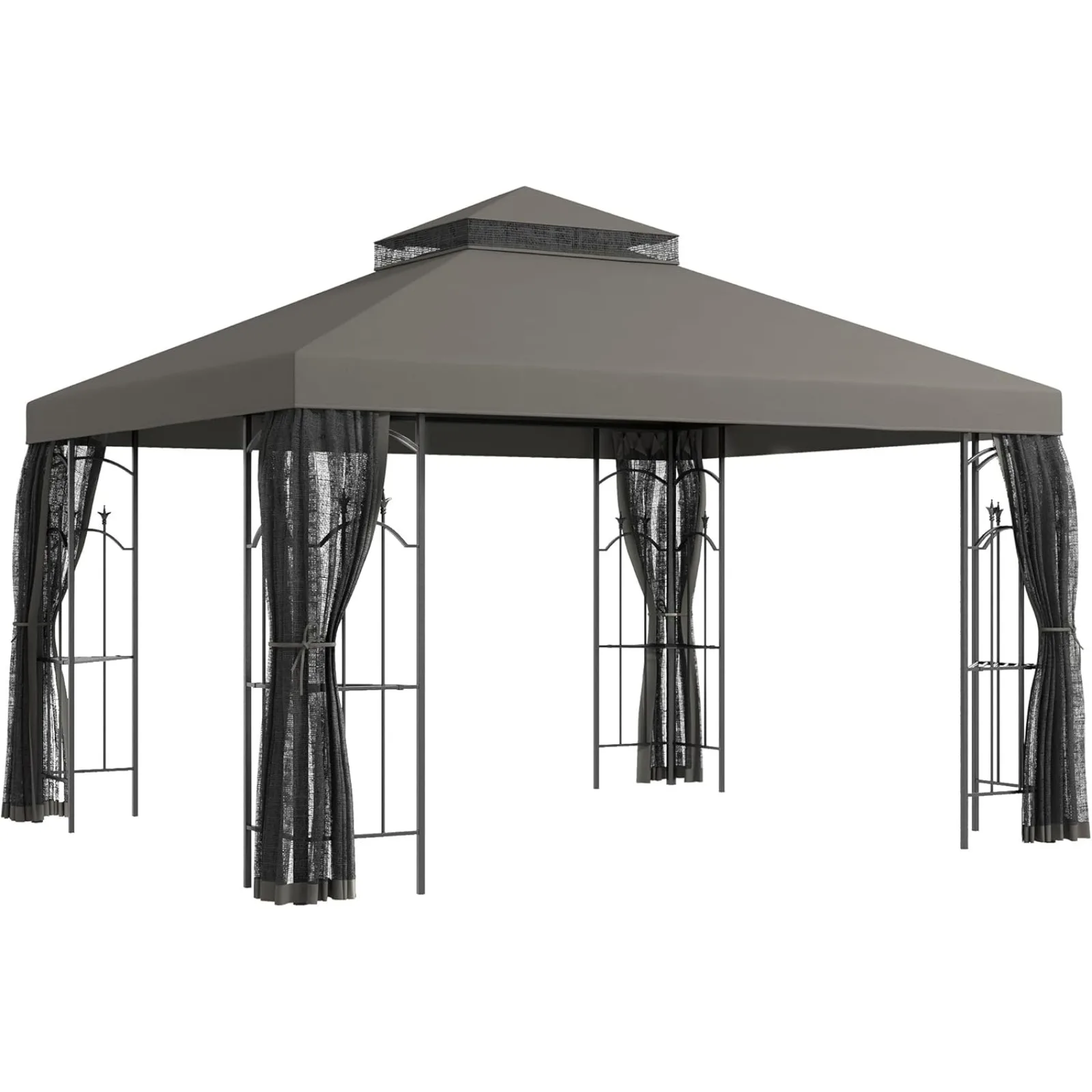 

US 10' x 12' Patio Gazebo with Corner Frame Shelves, Double Roof Outdoor Gazebo Canopy Shelter with Netting for