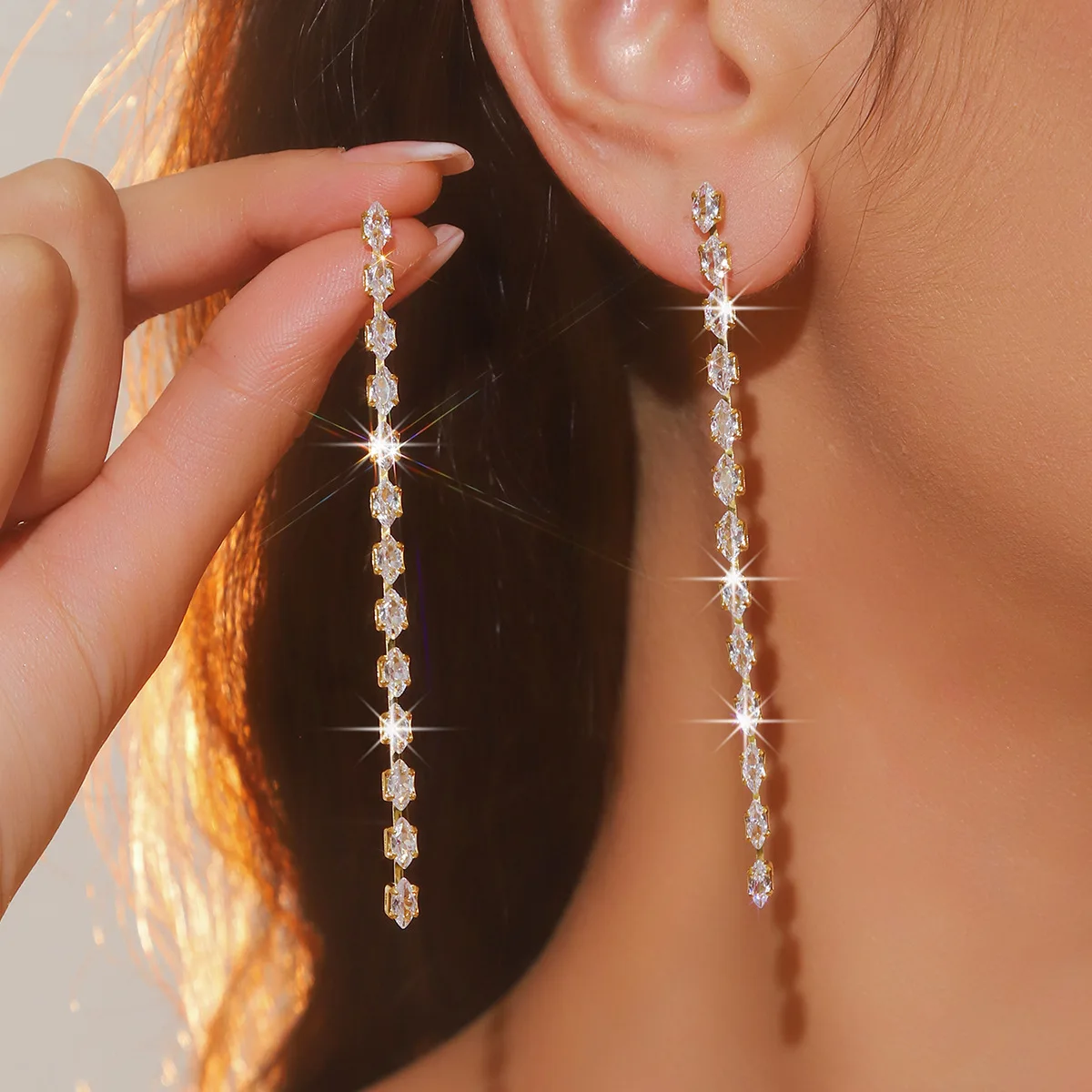 FYUAN Simple Geometric Zircon Crystal Earrings for Women Gold Silver Color Long Tassel Dangle Earrings Party Weddings Jewelry