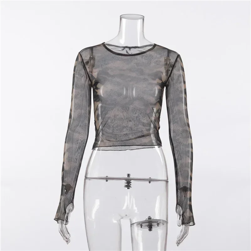

Women's Long Sleeve Crop Top Camouflage Print Mesh See-Through T-Shirt Sexy Y2k Summer Fashion Tees