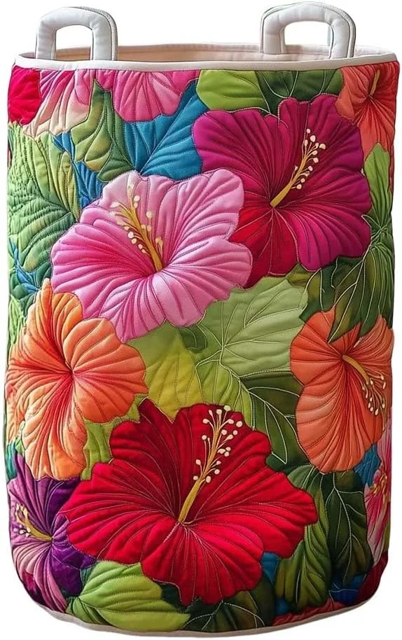Retro Boho Quilted Storage bag, Hibiscus Floral Print bag with Handles, Large Capacity Dirty Clothes bag