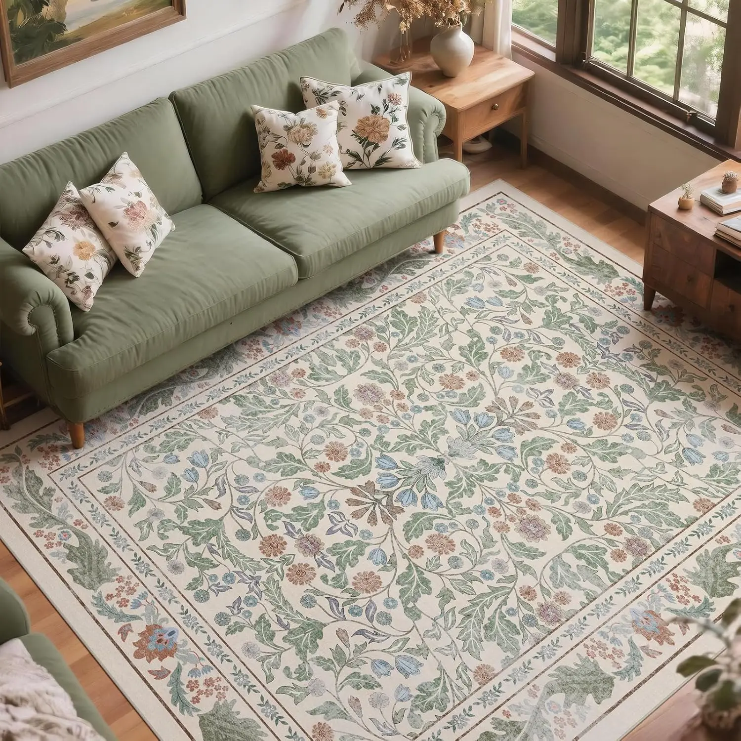 

Бежевый ковер с цветочным узором 8x10 футов, моющийся, для гостиной, спальни - мягкий, нескользящий, с низким ворсом