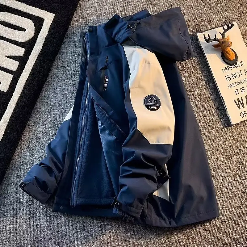 سترة جديدة للأماكن الخارجية ثقيلة الوزن لعام 2025، سترة بقلنسوة سميكة من الصوف للشتاء ثلاثة في واحد قابلة للفصل للرجال، سترة تسلق الجبال