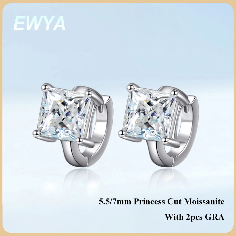 

EWYA Princess Cut 1CT 2CT D Цвет Маленькие серьги-кольца с муассанитом для женщин s925 Посеребренные 18-каратные серьги-крючки с пряжкой для ушей Подарок