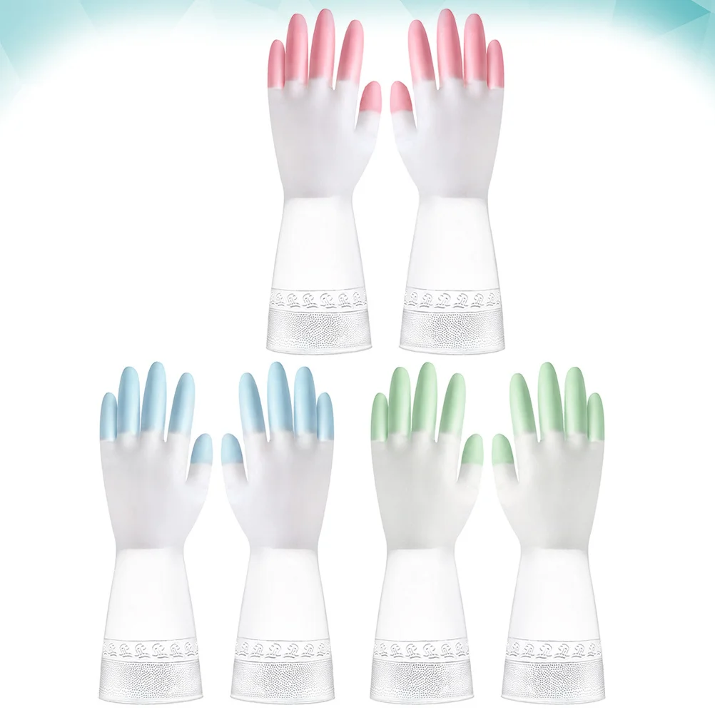 

3pcs Waterproof Anti-Slip Gloves 3 Pairs Reusable Kitchen Cleaning Laundry Gardening Home Housework Toilet Washing Gloves Pink