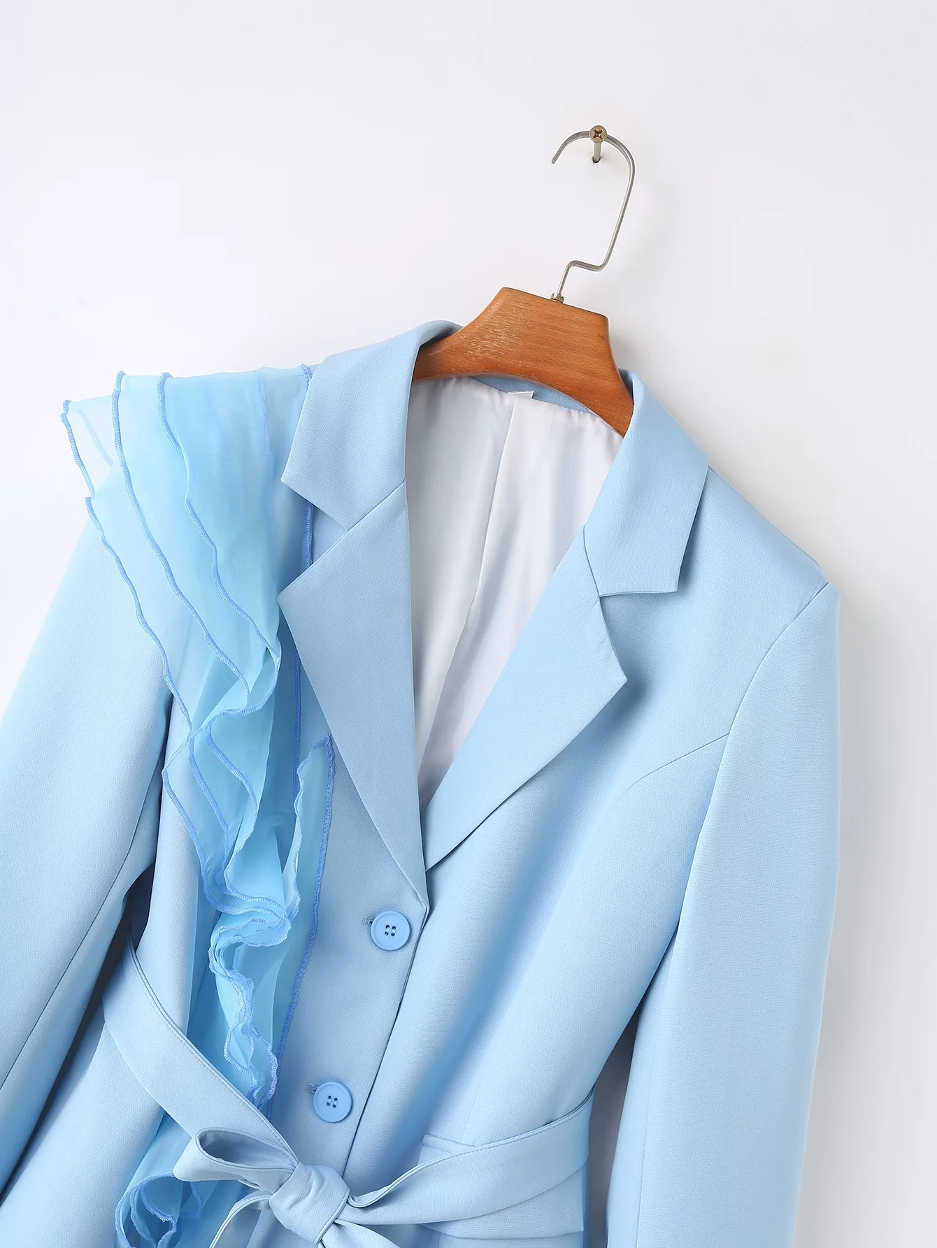 Tangada 2024 Women Blue Ruffles Blazer Coat With Slash Long Sleeve Pockets Female Suit DA010