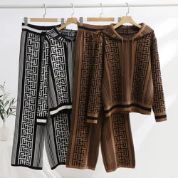 Vintage Print Thick Knitted 2 Piece Sets Women Casual Knitwear Hooded Zipper Coats Tracksuit High Waist Wide Leg Pants Suits