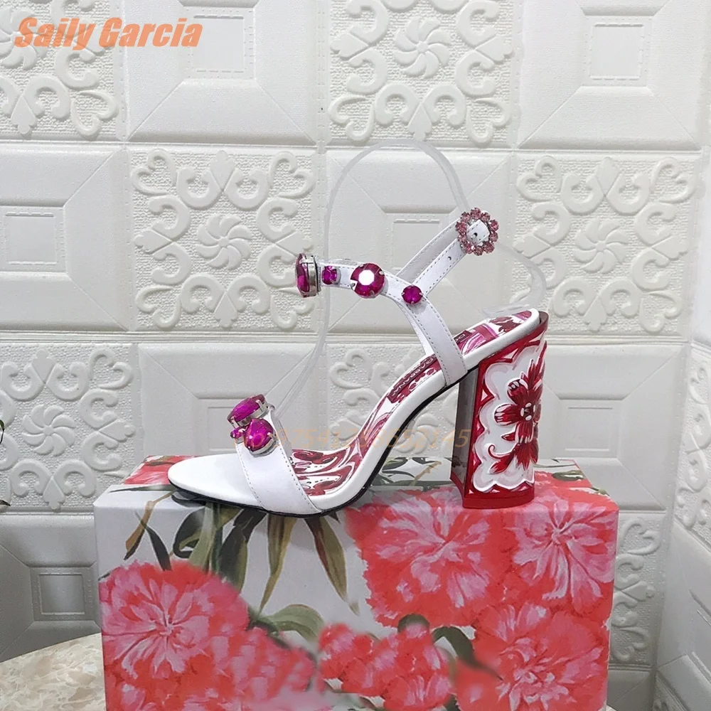 Fretwork Flower Rhinestone Sandals Summer Ankle Strap Chunky Gorgeous Lady Round Open Toe Mixed Color Print Luxury Party 2024