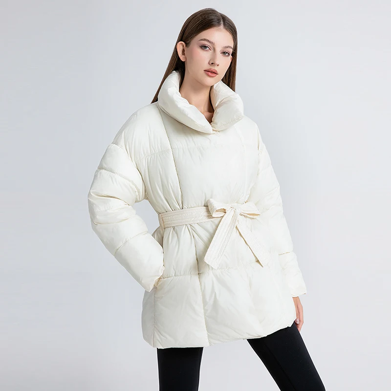 Women Winter Puffer Jacket 2024 Stand Collar Slim Bandage Medium Long Cotton Padded Coats Female Streetwear Parkas Mujer