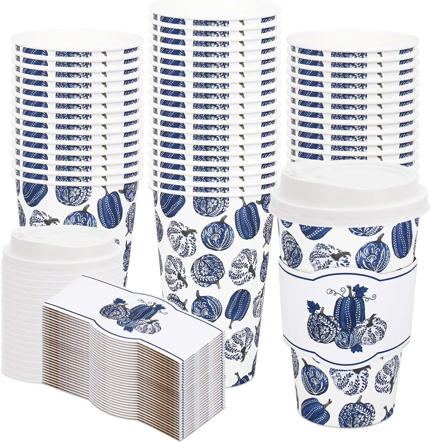 

50Pcs 16Oz Fall Disposable Coffee Cup with Lids and Sleeves Blue White Porcelain Pumpkin Floral Paper Drinking Cups for